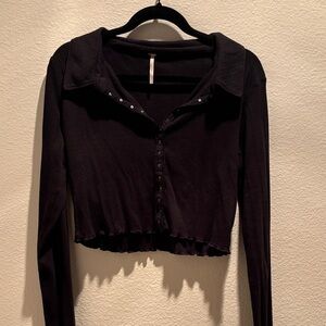 Free People Black Long Sleeve Button-Up Crop Top